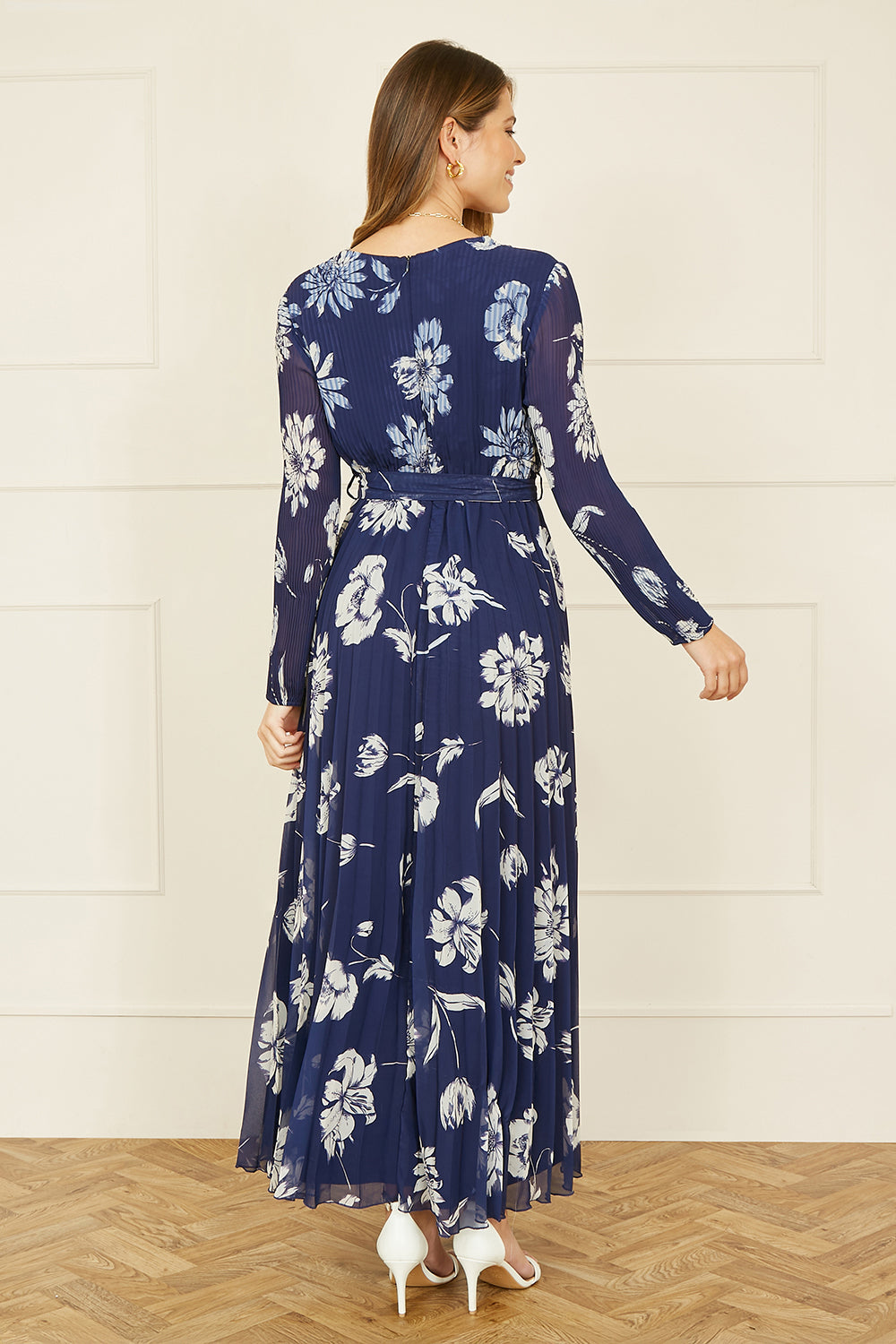 Yumi Navy Floral Pleated Midi Wrap Long Sleeve Dress - SHAWONÉ