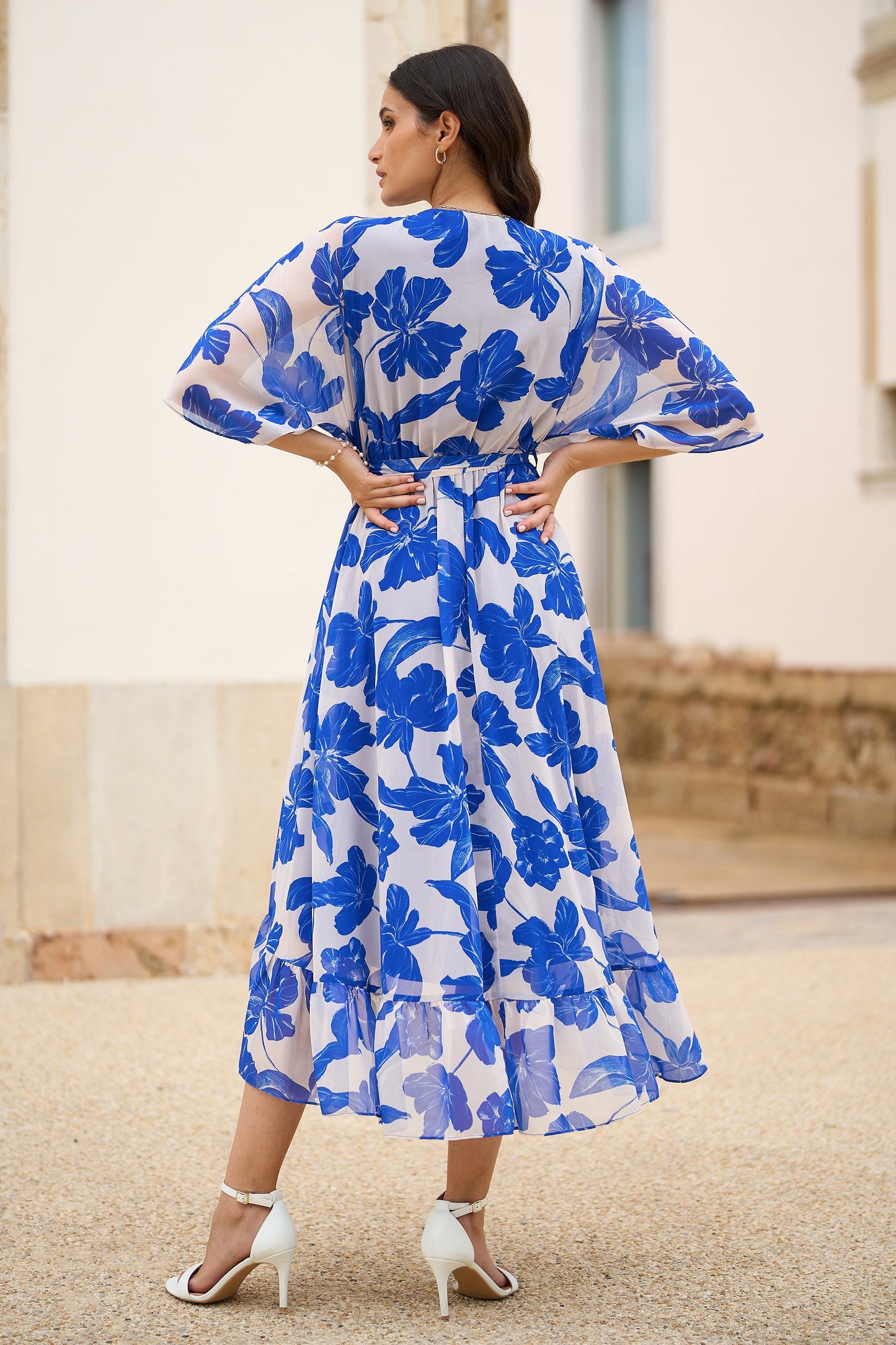 Yumi Navy Kimono Sleeves Midi Dip Hem Wrap Midi Dress - SHAWONÉ