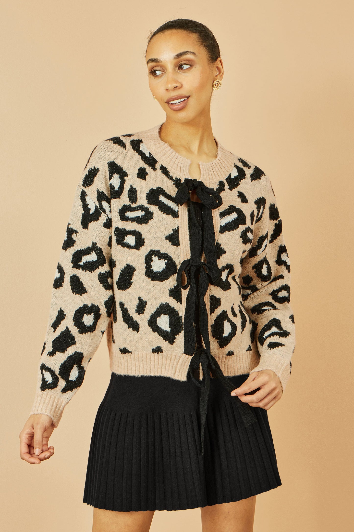 Yumi Beige Animal Print Intarsia Tie Front Cardigan - SHAWONÉ