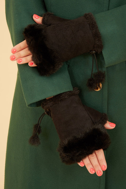 Black Fur Fingerless Suede Mittens