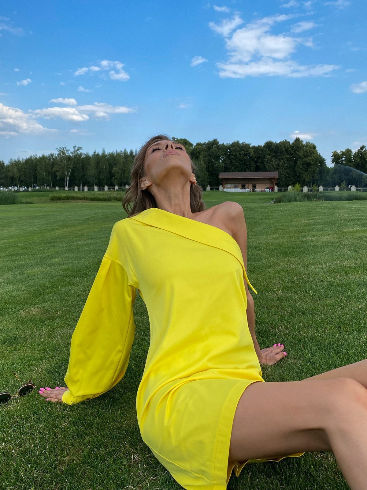 one-shoulder dress with pleated long sleeve