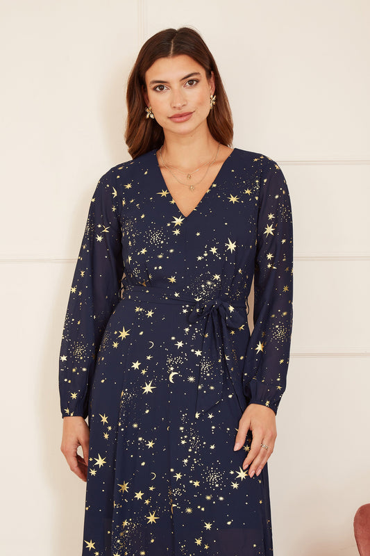 Mela Navy Foil Star Print Long Sleeve Midi - SHAWONÉ