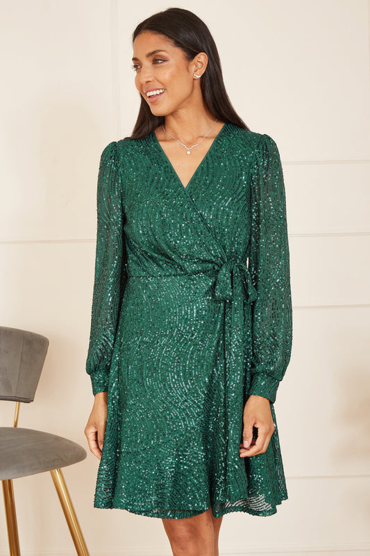 Mela Green Sequin Long Sleeve Frill Wrap Dress - SHAWONÉ