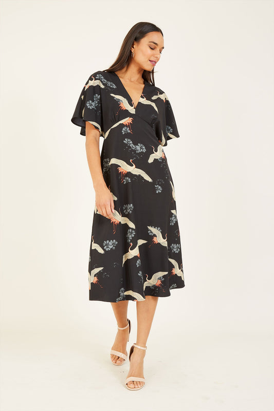Black Crane Print Kimono Midi Dress - SHAWONÉ