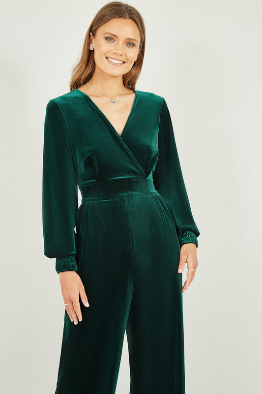 Yumi Green Velvet Long Sleeve Jumpsuit - SHAWONÉ