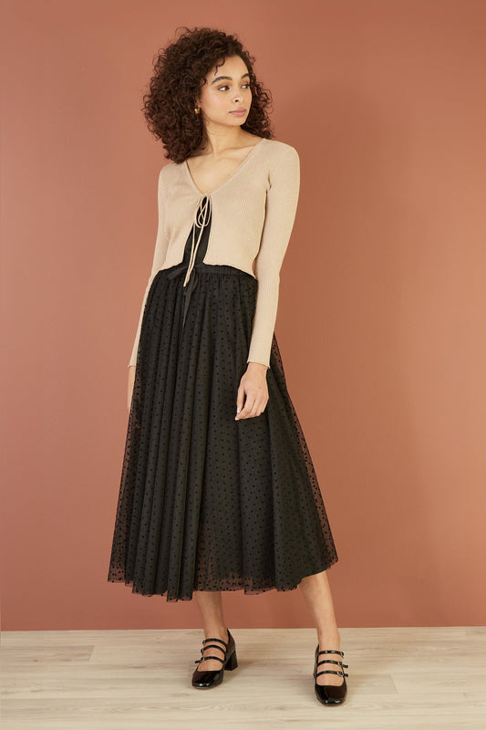 Yumi Gold Metallic Knitted Ribbed Tie Front Bolero - SHAWONÉ