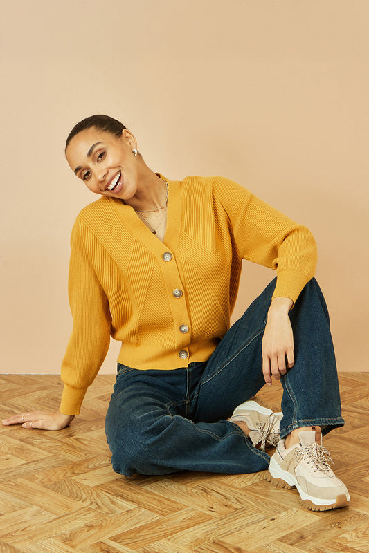 Yumi Mustard Relaxed Fit Cardigan With Stitch Detail - SHAWONÉ
