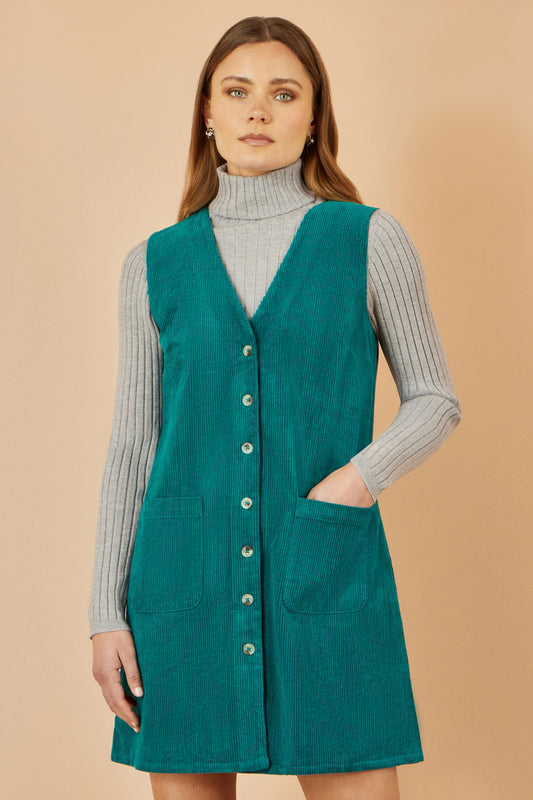 Yumi Teal Cord Button Through Pinafore Dress With Pockets - SHAWONÉ