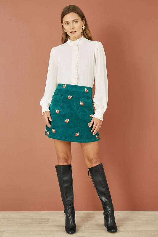 Yumi Teal Fox Embroidered Cord Mini Skirt - SHAWONÉ
