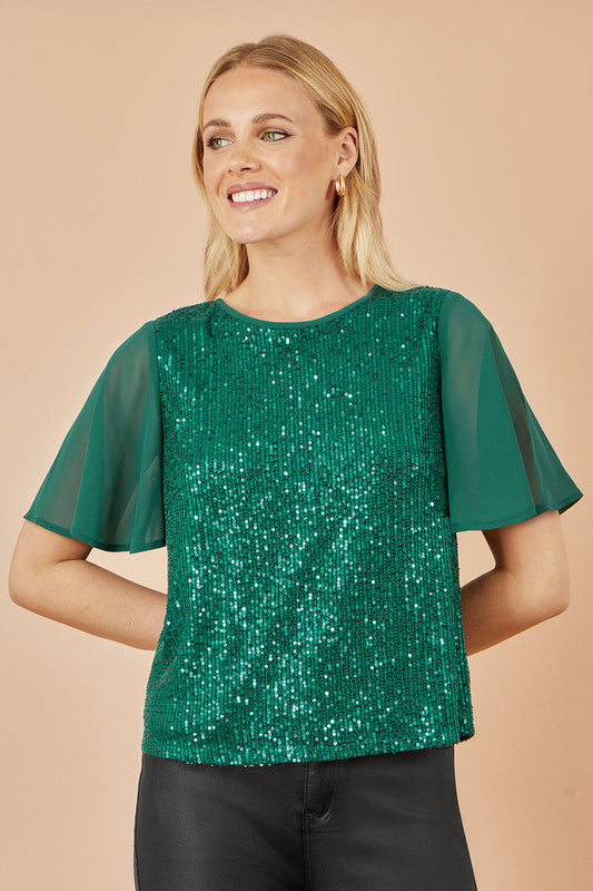 Yumi Green Sequin Top With Sheer Sleeves And Cut Out Back - SHAWONÉ
