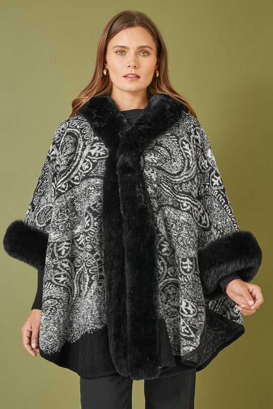 Yumi Black Faux Fur Trim Cape With Paisley Print - SHAWONÉ