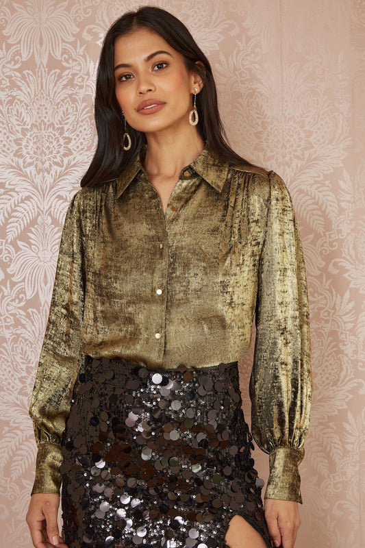 Yumi Gold Metallic Relaxed Balloon Sleeve Shirt - SHAWONÉ