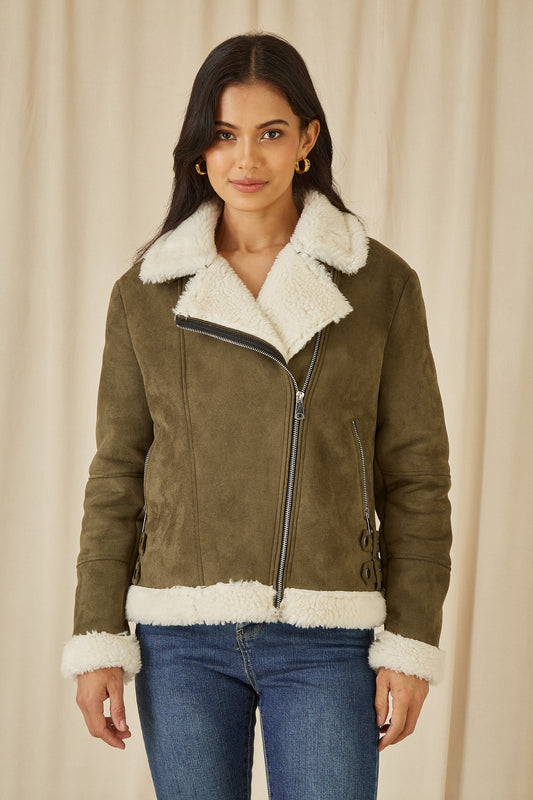 Yumi Green Faux Suede And Shearling Biker Jacket - SHAWONÉ