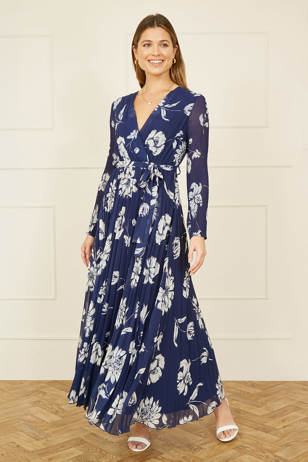 Yumi Navy Floral Pleated Midi Wrap Long Sleeve Dress - SHAWONÉ
