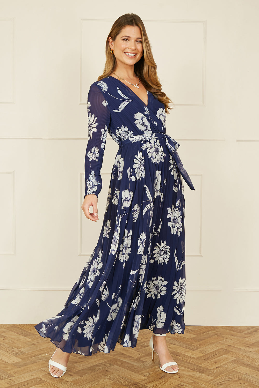 Yumi Navy Floral Pleated Midi Wrap Long Sleeve Dress - SHAWONÉ