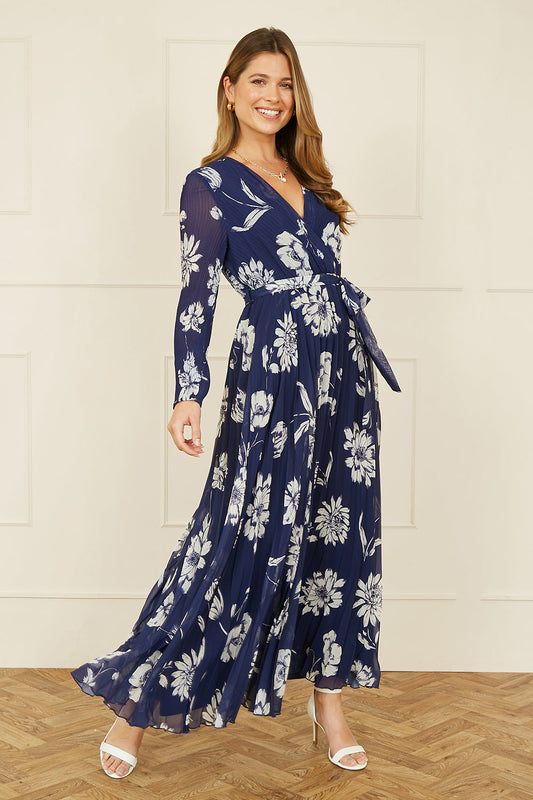 Yumi Navy Floral Pleated Midi Wrap Long Sleeve Dress - SHAWONÉ