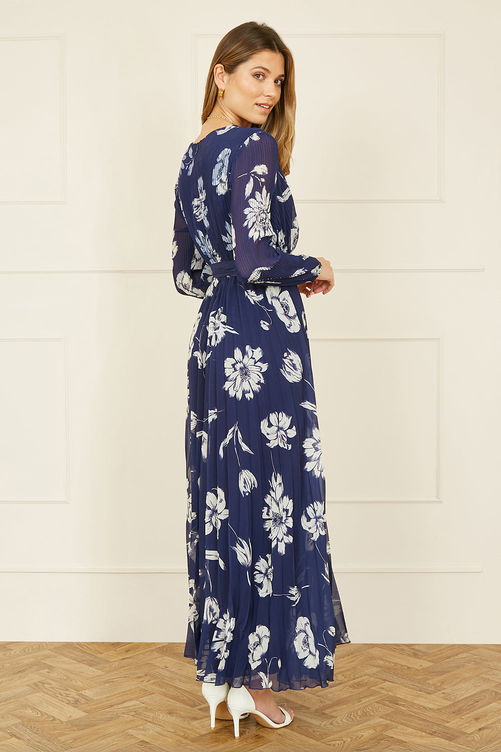 Yumi Navy Floral Pleated Midi Wrap Long Sleeve Dress - SHAWONÉ