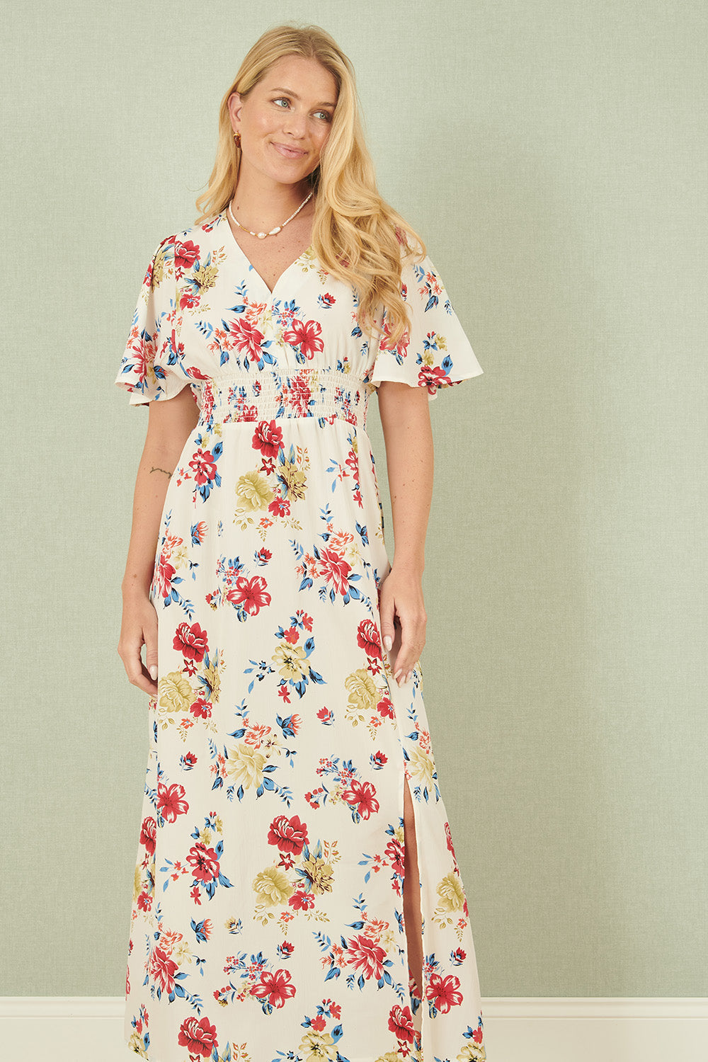 Yumi White Floral Recycled Fabric Ruched Waist Midi Dress - SHAWONÉ