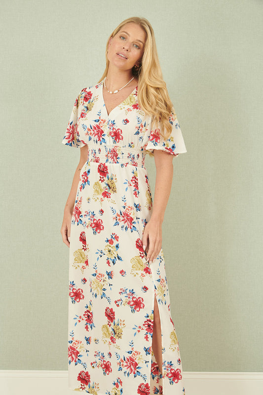 Yumi White Floral Recycled Fabric Ruched Waist Midi Dress - SHAWONÉ