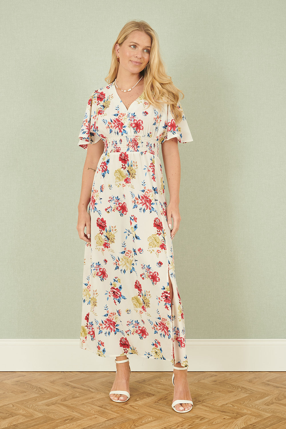 Yumi White Floral Recycled Fabric Ruched Waist Midi Dress - SHAWONÉ