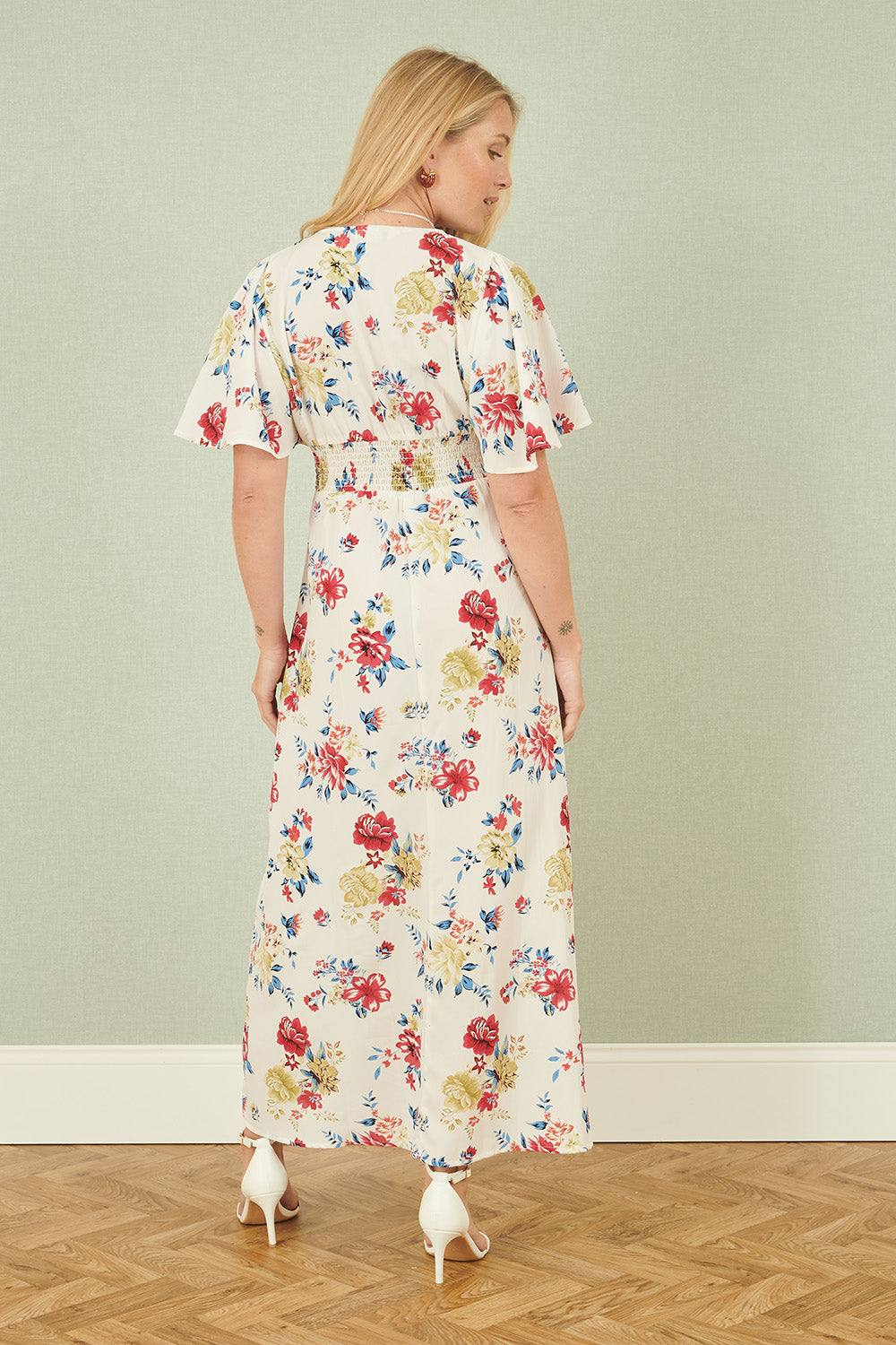 Yumi White Floral Recycled Fabric Ruched Waist Midi Dress - SHAWONÉ