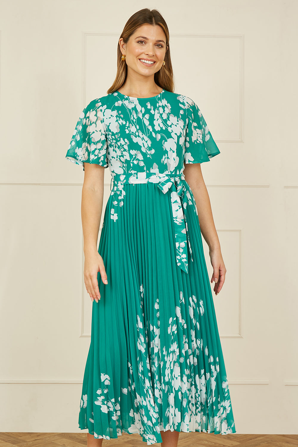 Yumi Green Mirror Floral Design Pleated Midi Dress - SHAWONÉ