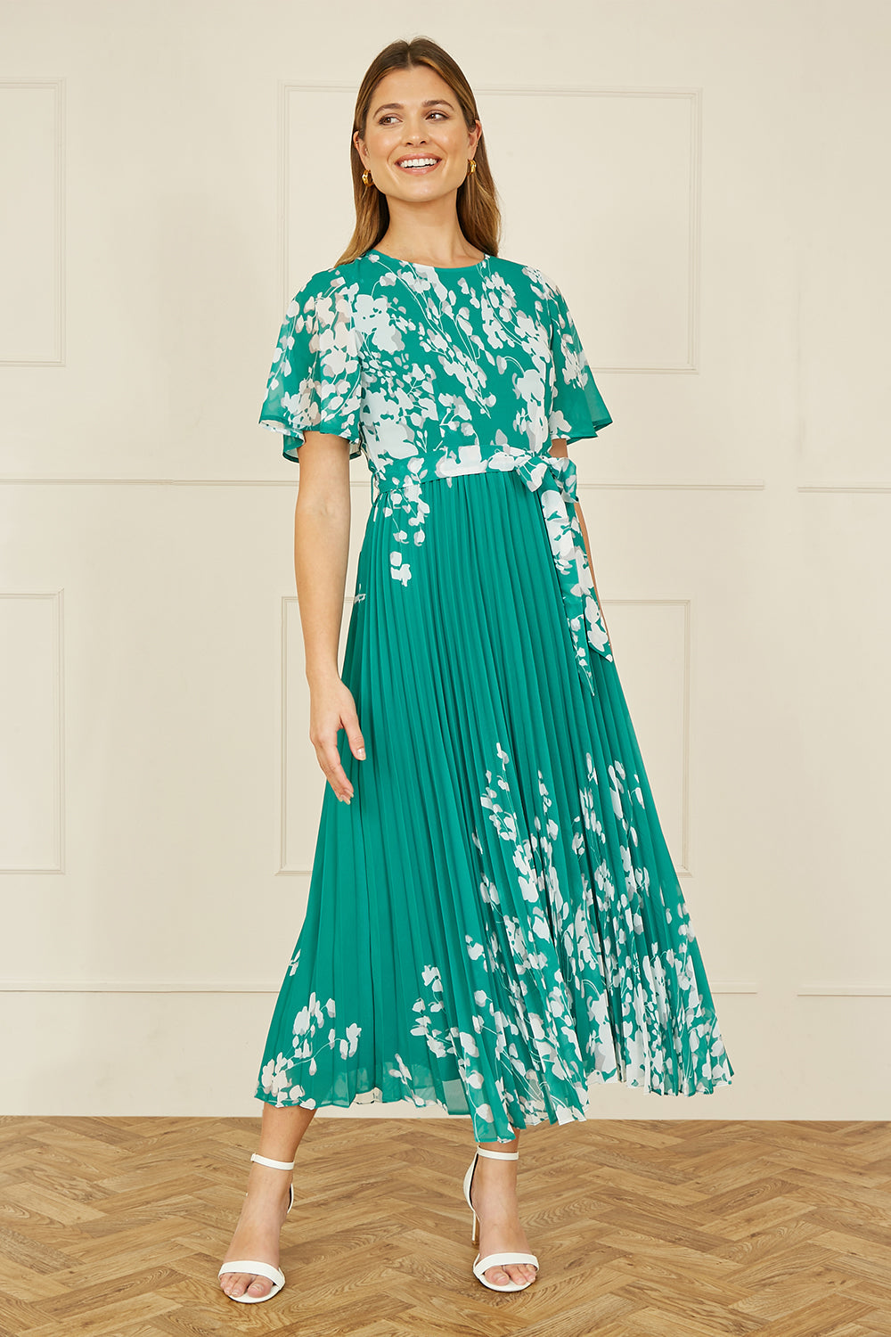 Yumi Green Mirror Floral Design Pleated Midi Dress - SHAWONÉ