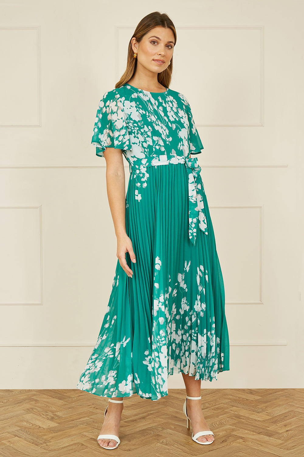 Yumi Green Mirror Floral Design Pleated Midi Dress - SHAWONÉ