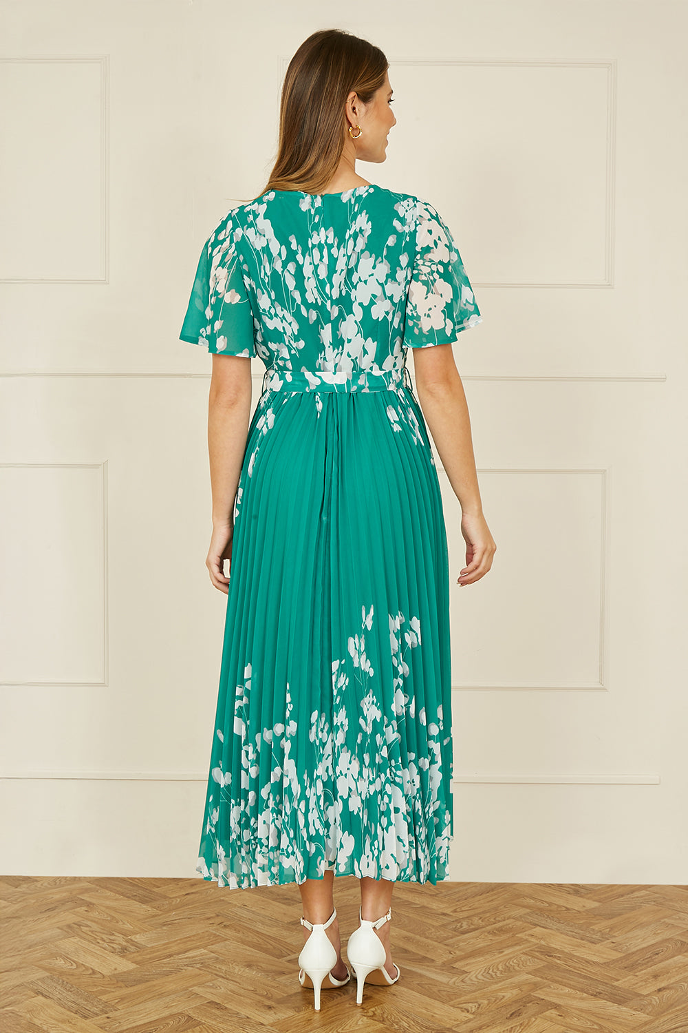 Yumi Green Mirror Floral Design Pleated Midi Dress - SHAWONÉ