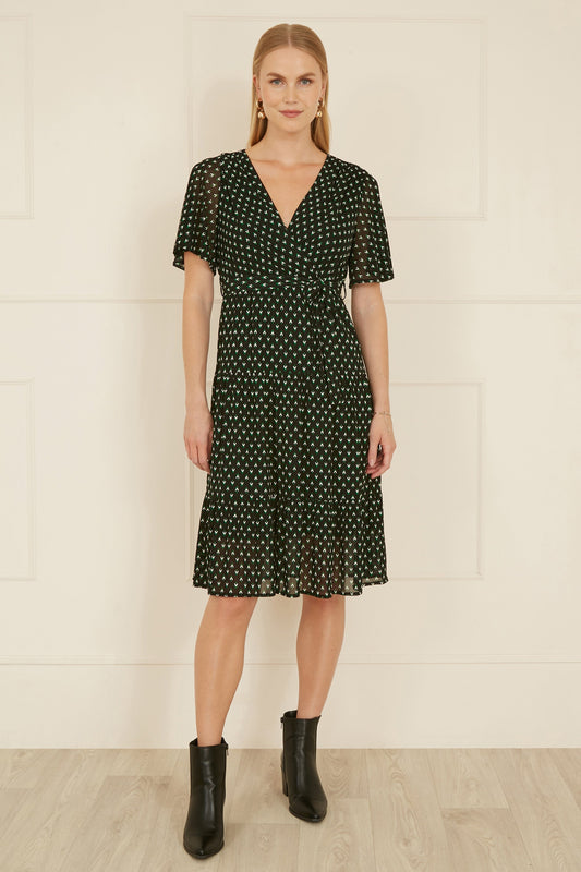 Yumi Black Dot Print Mesh Stretch Midi Skater Dress - SHAWONÉ