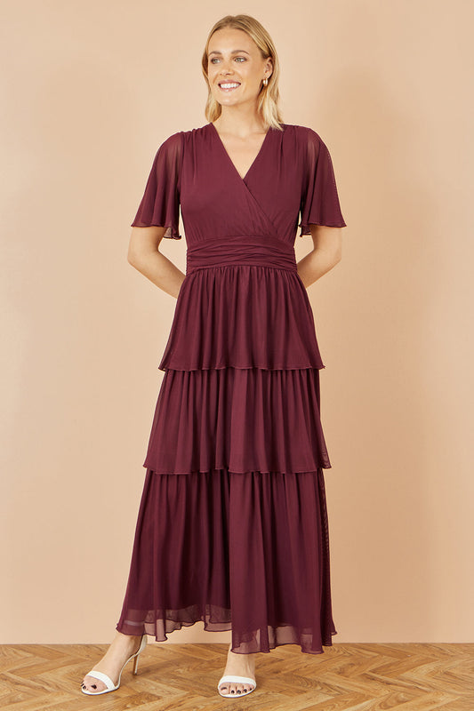 Yumi Burgundy Mesh Tiered Maxi Dress - SHAWONÉ
