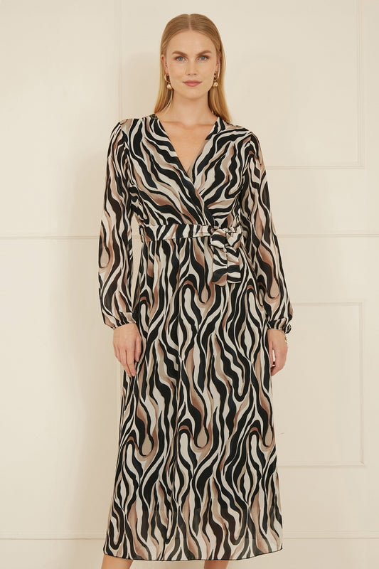 Yumi Brown Animal Swirl Midi Wrap Dress - SHAWONÉ