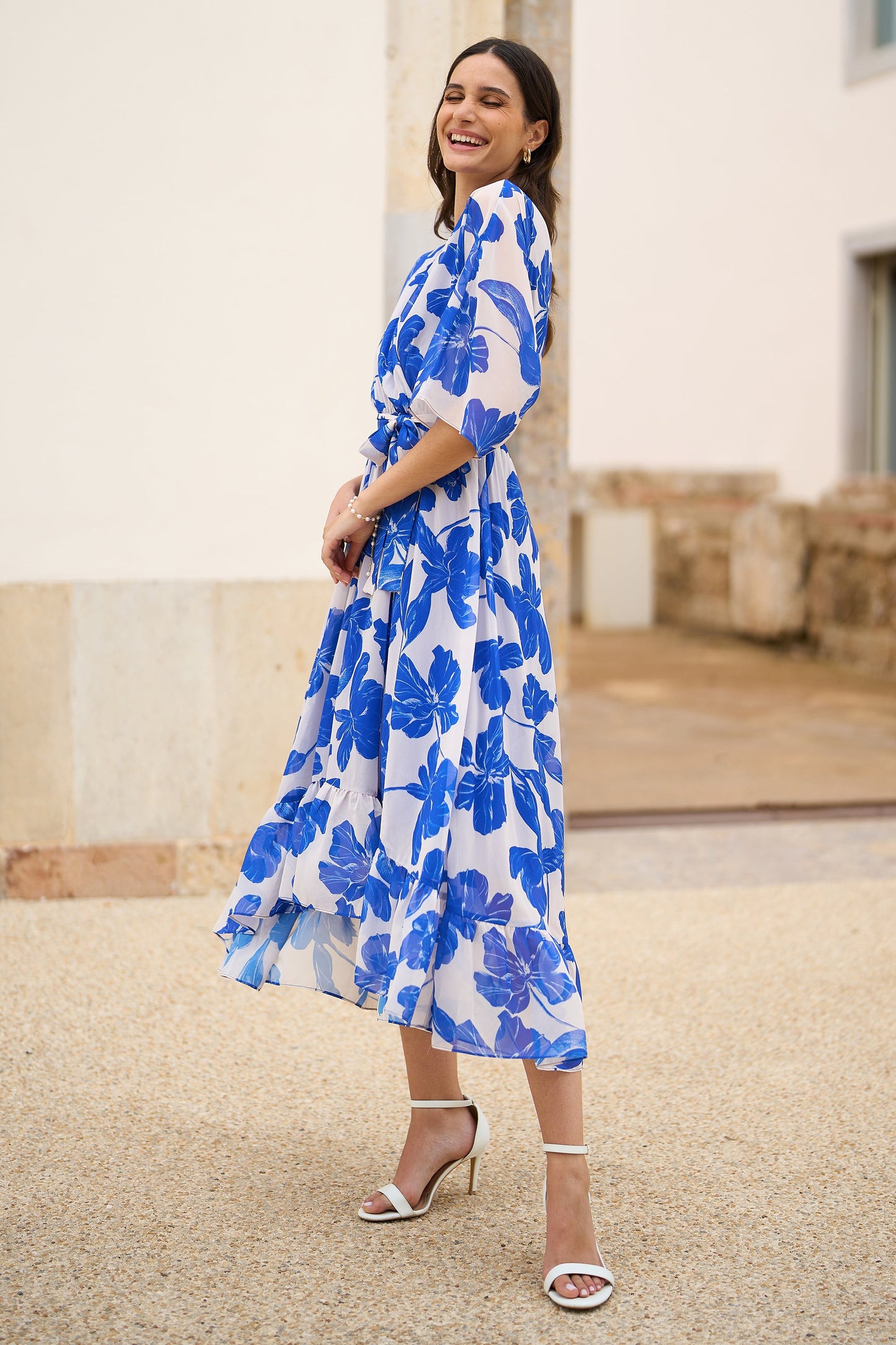 Yumi Navy Kimono Sleeves Midi Dip Hem Wrap Midi Dress - SHAWONÉ