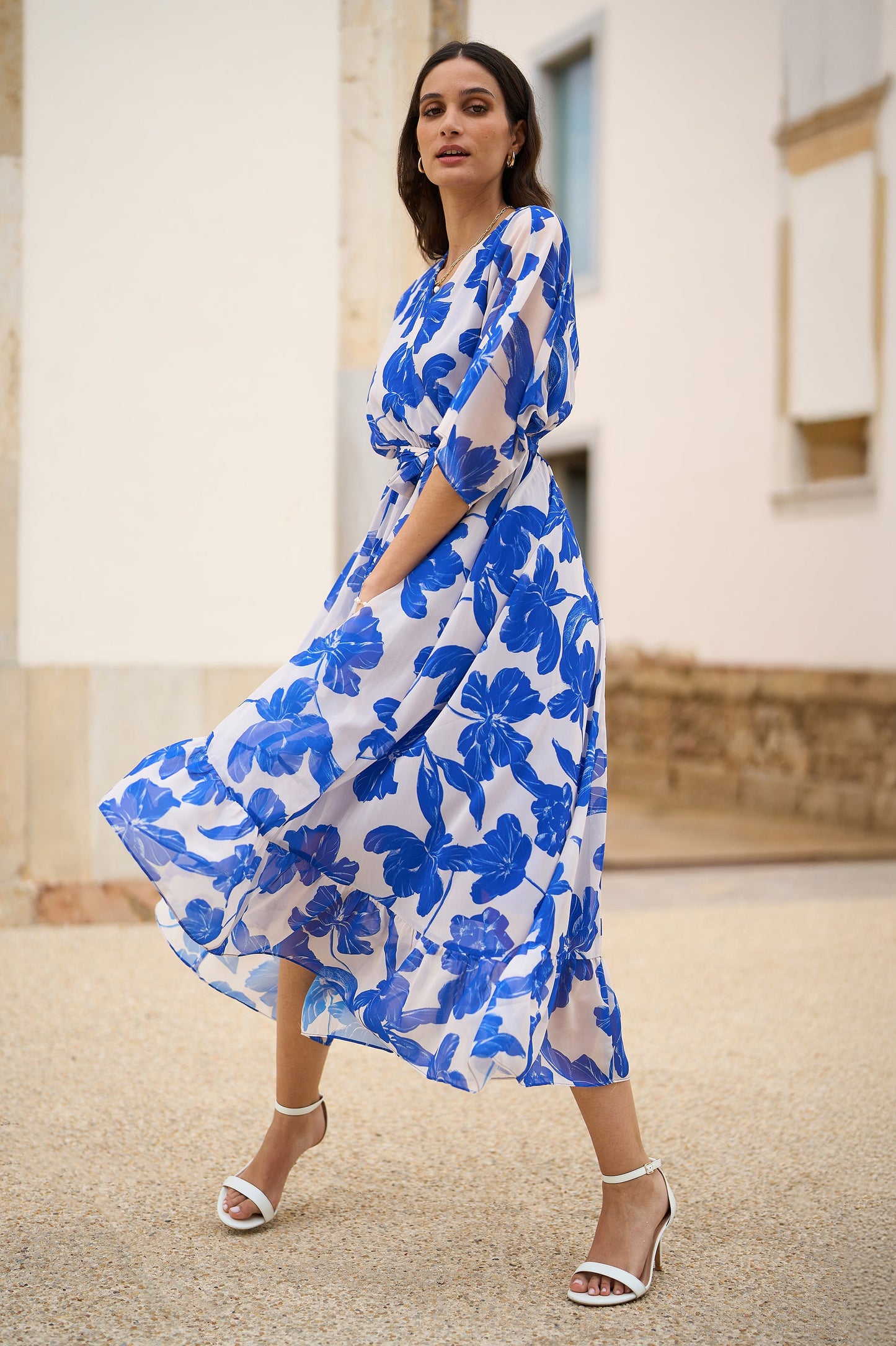 Yumi Navy Kimono Sleeves Midi Dip Hem Wrap Midi Dress - SHAWONÉ