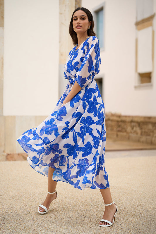 Yumi Navy Kimono Sleeves Midi Dip Hem Wrap Midi Dress - SHAWONÉ