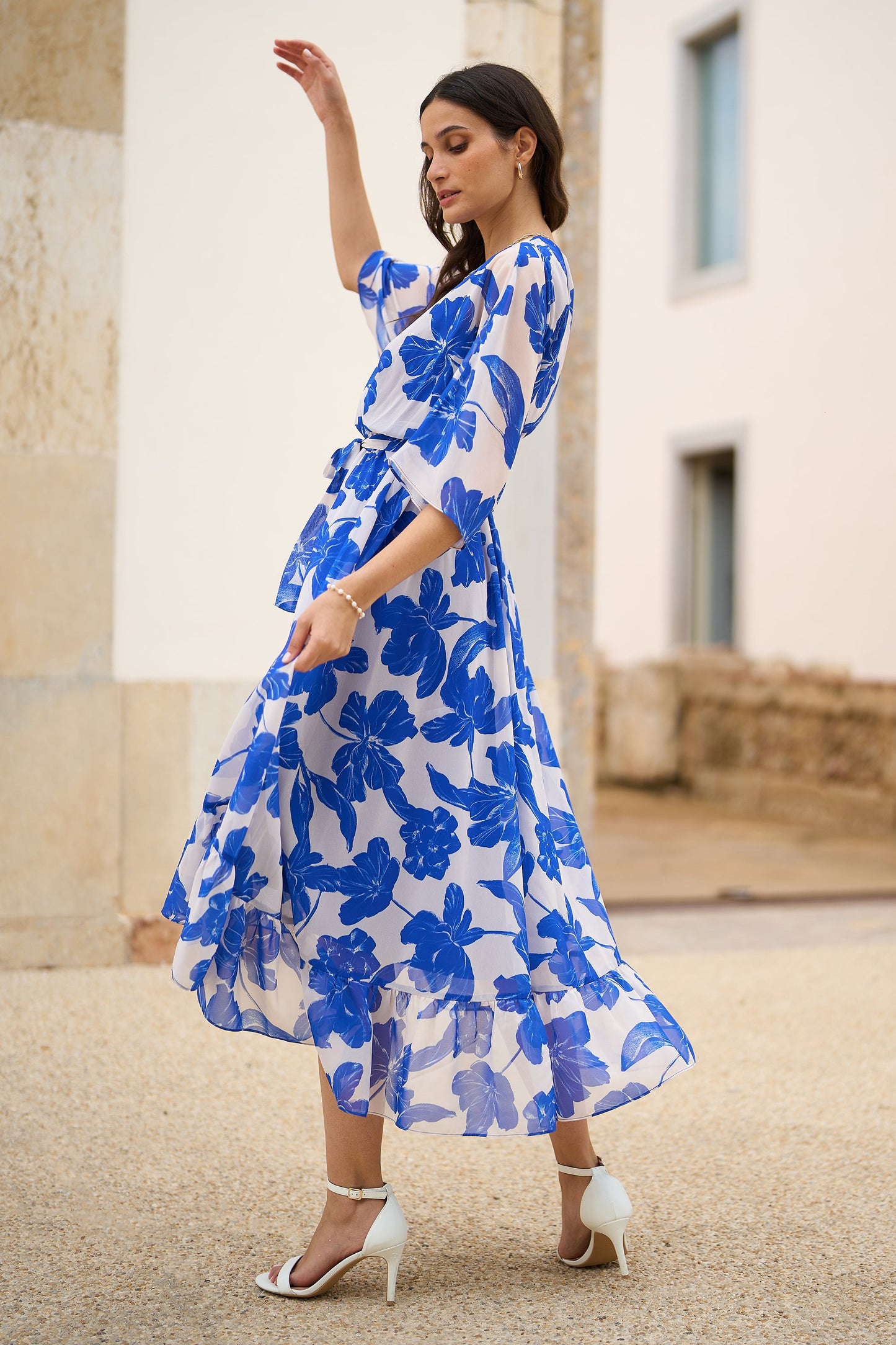 Yumi Navy Kimono Sleeves Midi Dip Hem Wrap Midi Dress - SHAWONÉ