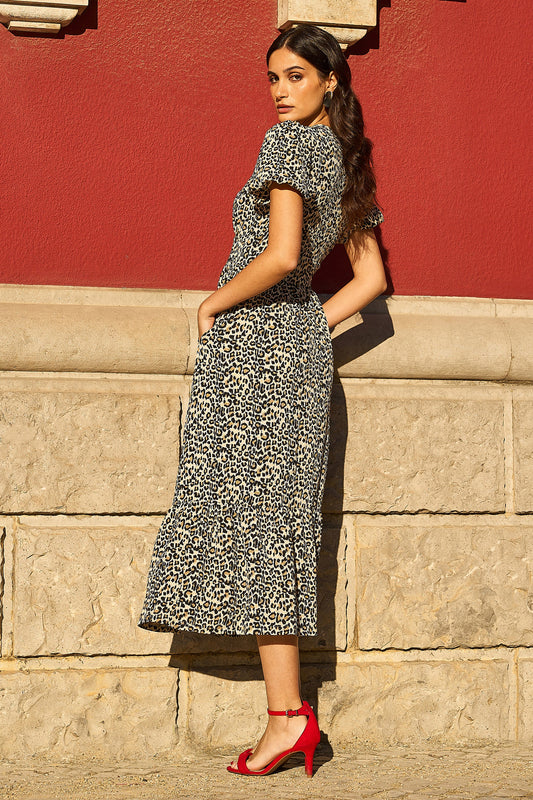 Yumi Brown Leopard Print Pleated Button Through Midi Dress