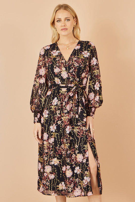 Yumi Black Foiled Floral Print Wrap Midi Dress - SHAWONÉ
