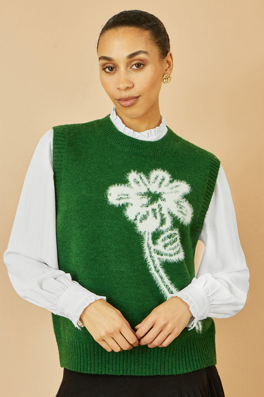 Yumi Green Knitted Flower Sleeveless Jumper Vest - SHAWONÉ