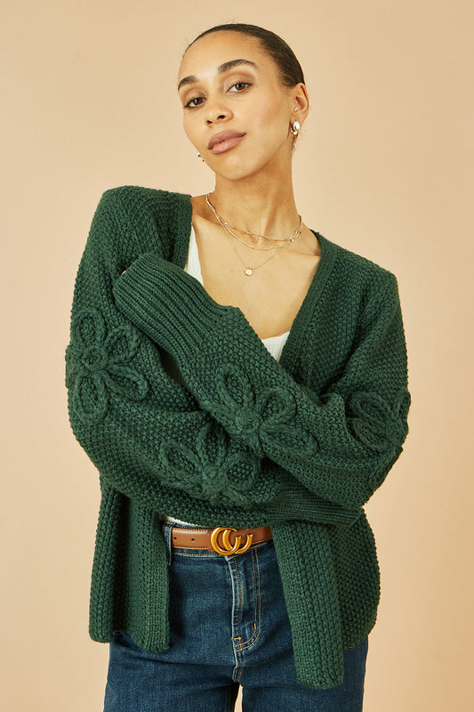 Yumi Green Edge to Edge Cardigan With Flower Detail Sleeves - SHAWONÉ