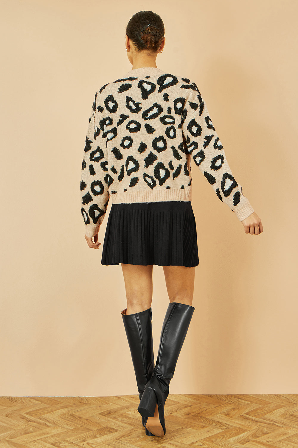 Yumi Beige Animal Print Intarsia Tie Front Cardigan - SHAWONÉ