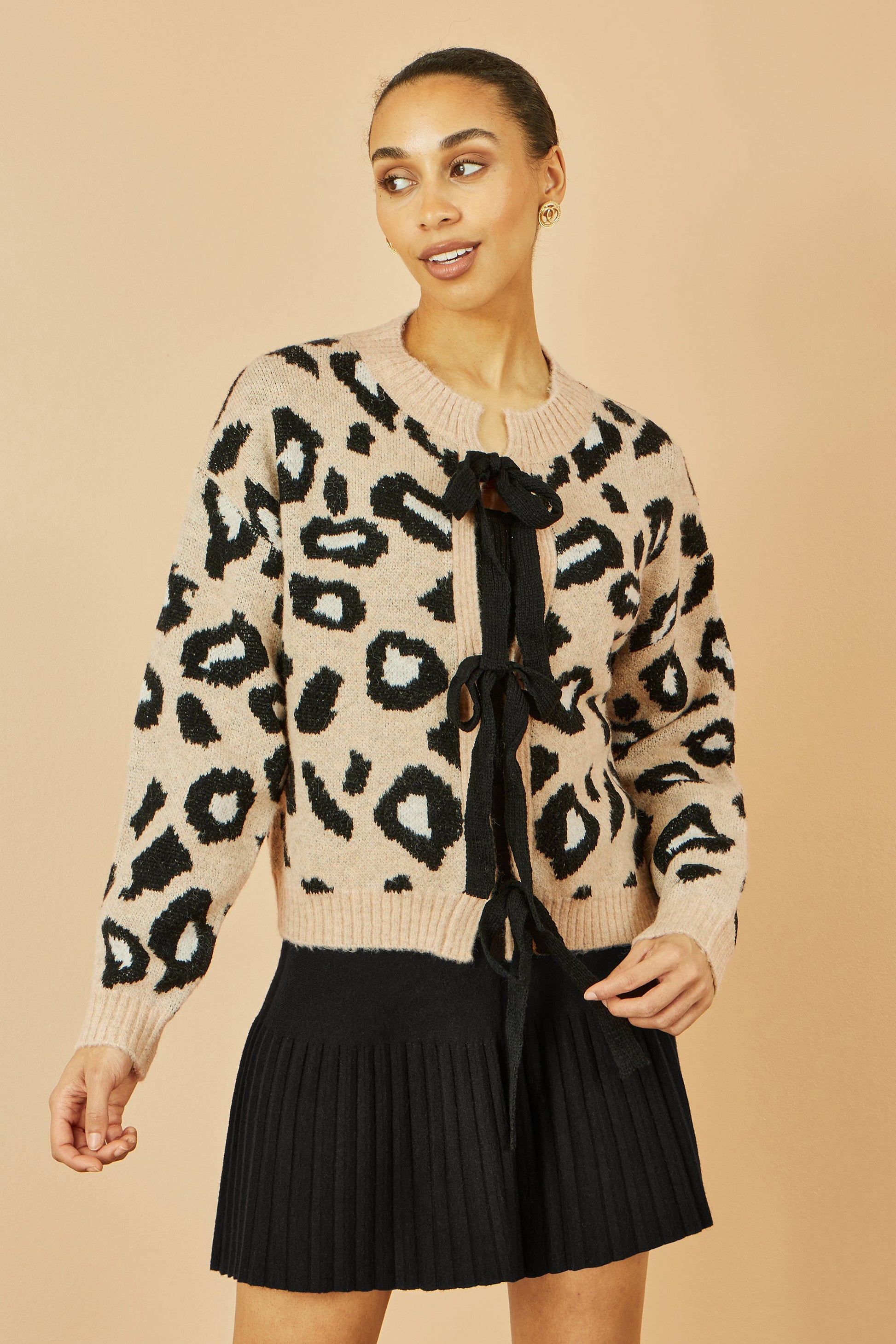 Yumi Beige Animal Print Intarsia Tie Front Cardigan - SHAWONÉ