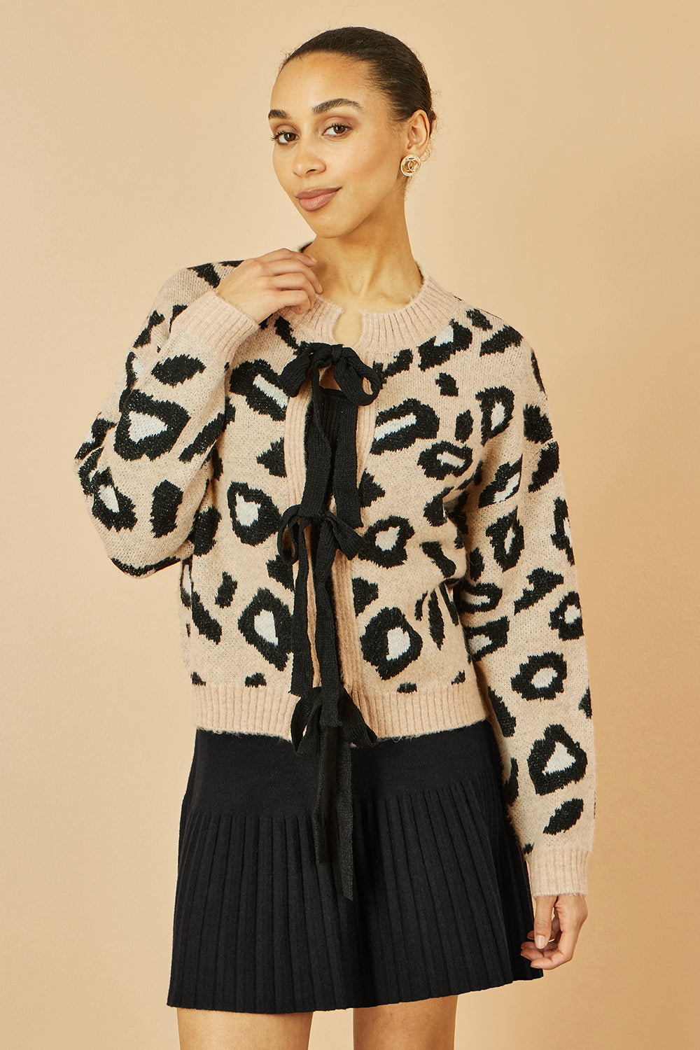 Yumi Beige Animal Print Intarsia Tie Front Cardigan - SHAWONÉ