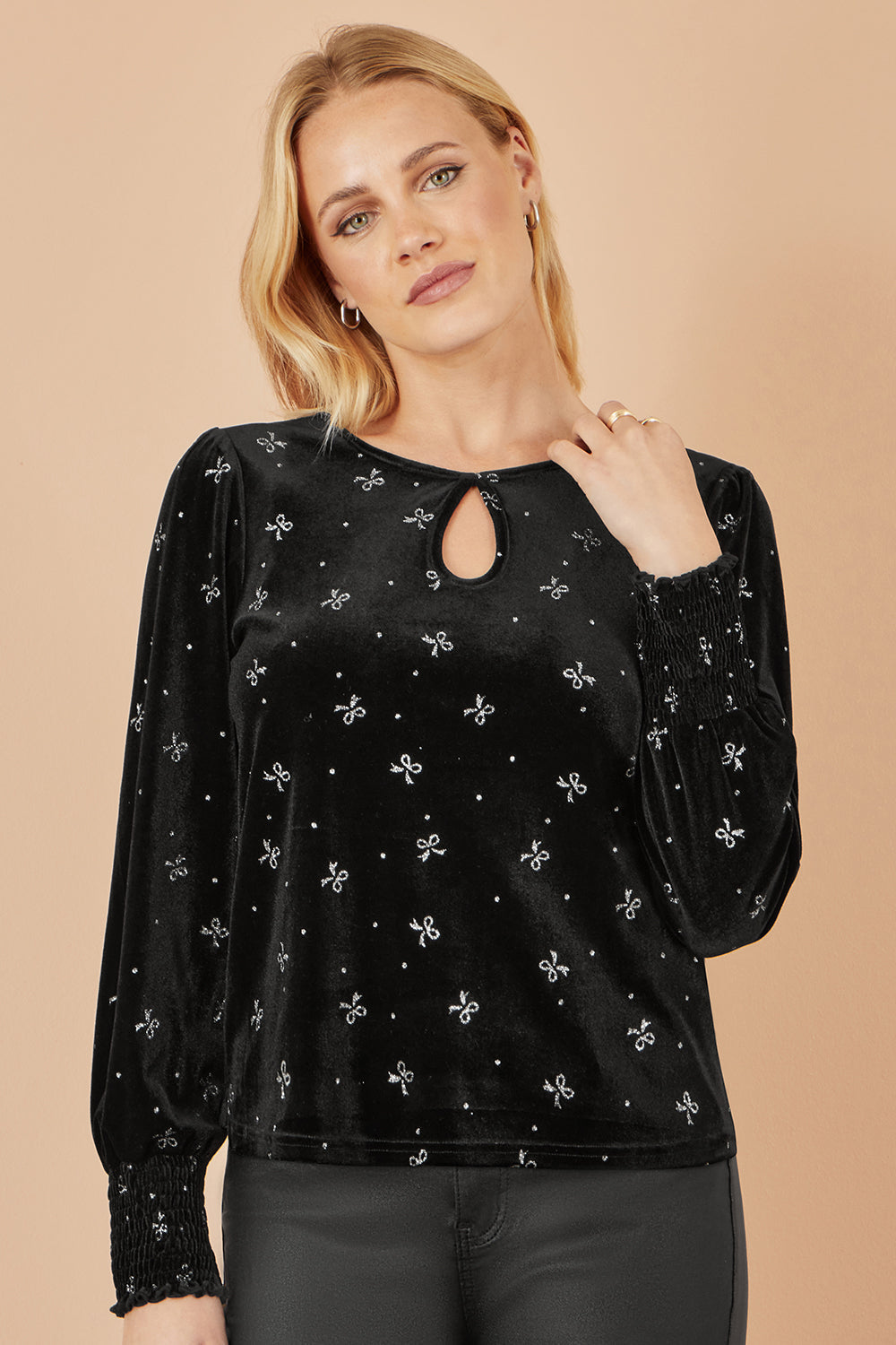 Yumi Black Sparkle Bow Print Velvet Top - SHAWONÉ