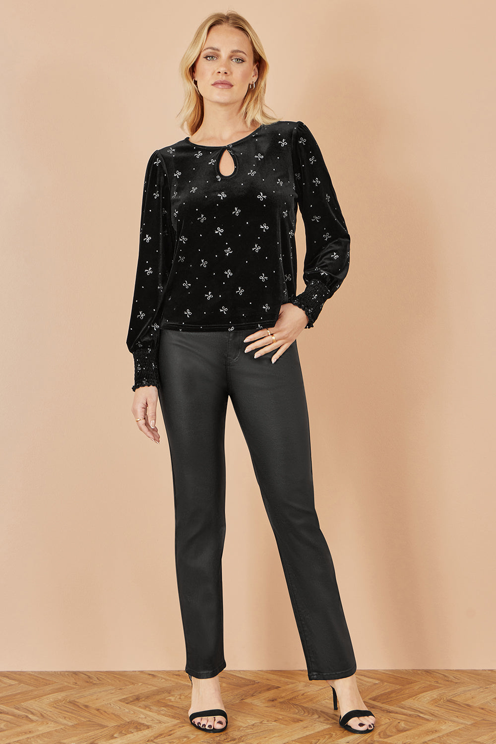 Yumi Black Sparkle Bow Print Velvet Top - SHAWONÉ