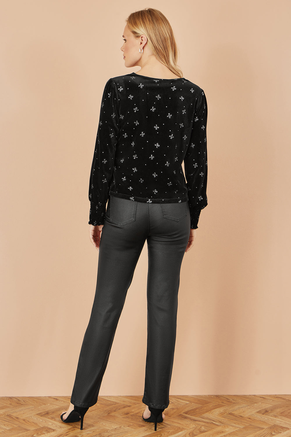 Yumi Black Sparkle Bow Print Velvet Top - SHAWONÉ