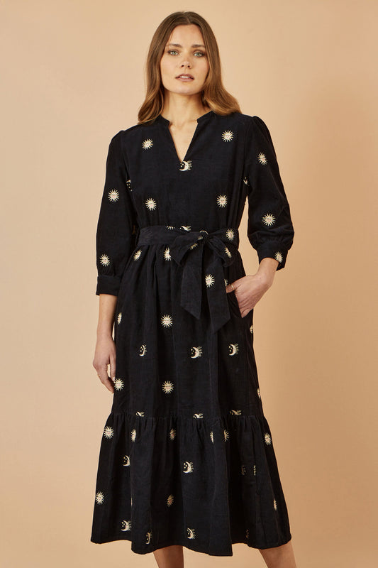Yumi Black Cosmic Embroidery Cord Midi Shirt Dress - SHAWONÉ