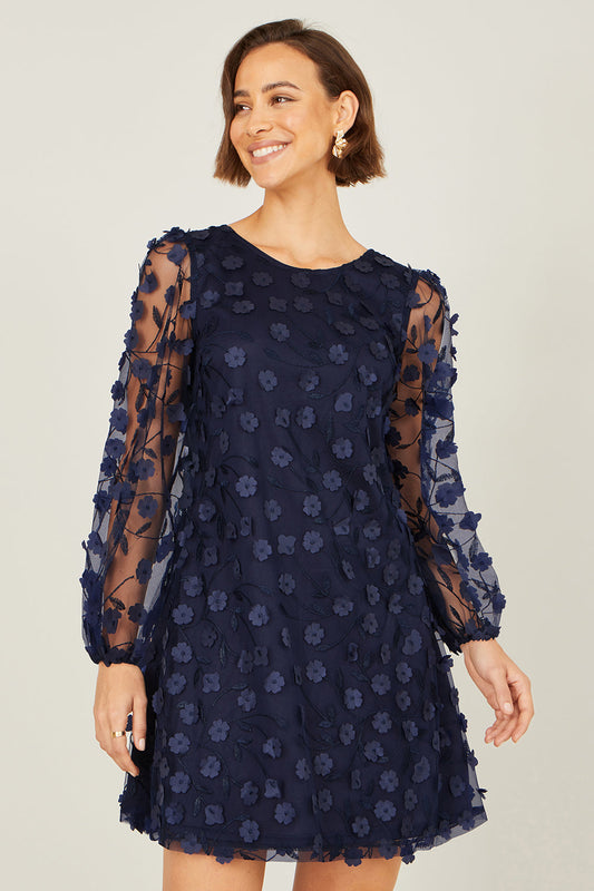 Yumi Navy Long Sleeve Floral Applique Tunic - SHAWONÉ