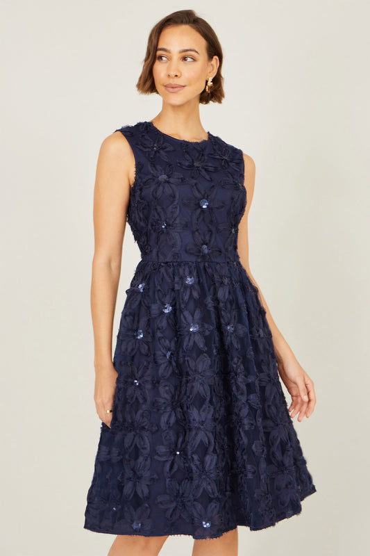 Yumi Navy Sequin Floral Applique Skater Dress - SHAWONÉ