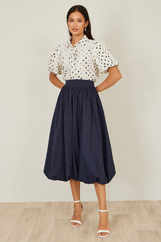 Yumi Navy Satin Bubble Hem Midi Skirt - SHAWONÉ